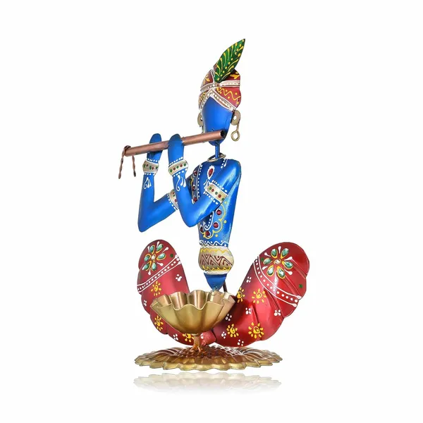 Multicolour_Metal_Krishna_Tea_Light_With_Basuri_Showpiece_For_Home