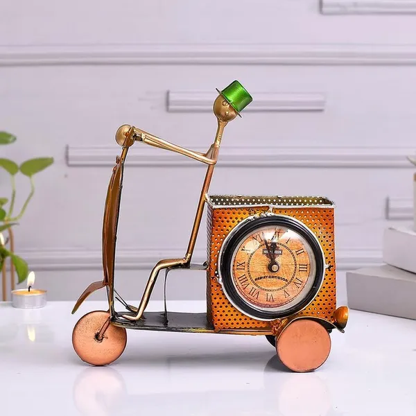 Multicolour_Iron_Scooter_With_Human_Pen_Stand_Clock_For_Office_Home