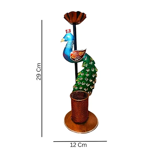 Multicolour_Iron_Peacock_Pen_Stand_Tea_Light_Holder_Multipurpas_Decorative_For_Home