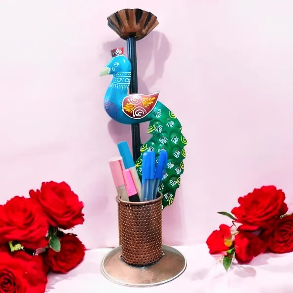 Multicolour_Iron_Peacock_Pen_Stand_Tea_Light_Holder_Multipurpas_Decorative_For_Home