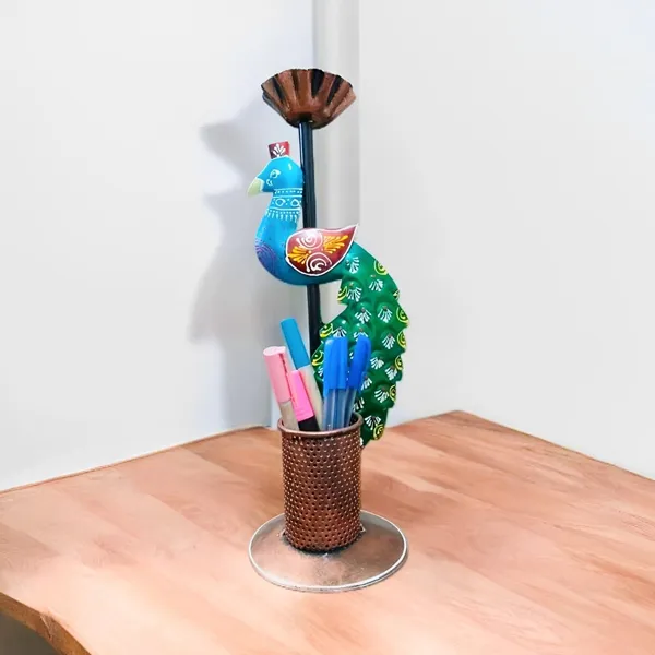Multicolour_Iron_Peacock_Pen_Stand_Tea_Light_Holder_Multipurpas_Decorative_For_Home
