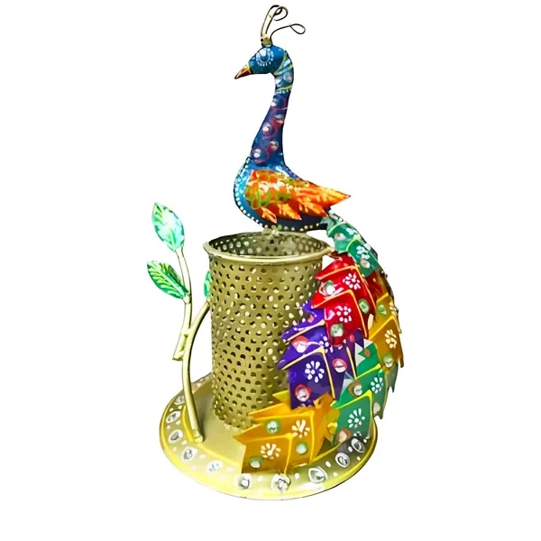 Multicolour_Metal_Beautiful_Peacock_Pen_Stand_Desk_Organizer_Stationery_For_Home
