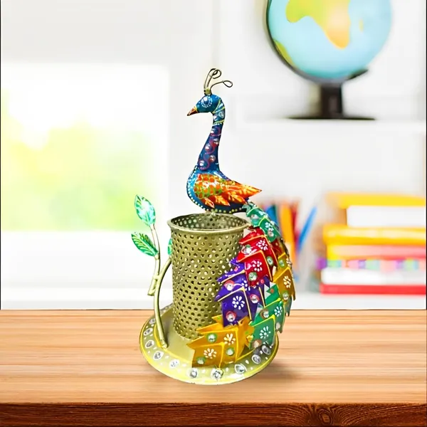 Multicolour_Metal_Beautiful_Peacock_Pen_Stand_Desk_Organizer_Stationery_For_Home
