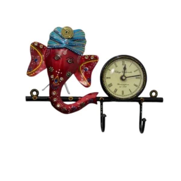 Multicolour_Wooden_Ganesha_Wall_Clock_With_Key_Hooks_Decorative_For_Home