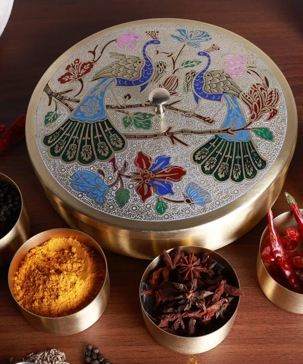 Golden_Brass_Premium_Peacock_Masala_Dabba/Spice_Box_For_Kitchen