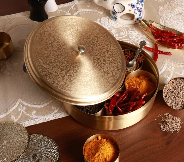 Golden_Brass_Premium_floral_etched_Masala_Dabba/SpiceBox