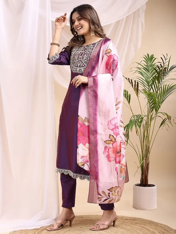 Purple_Art_Silk_Embroidered_Kurti_Pant_Dupatta_Set_For_Women