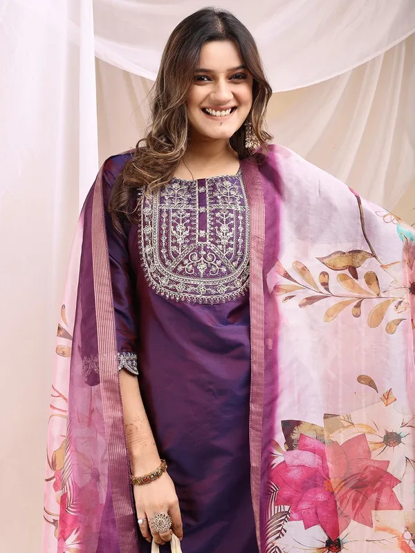 Purple_Art_Silk_Embroidered_Kurti_Pant_Dupatta_Set_For_Women