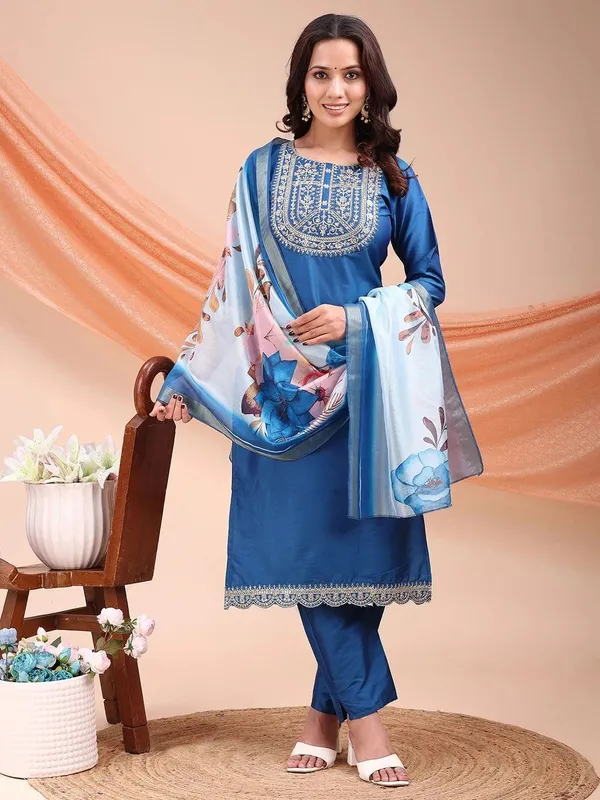 Blue_Art_Silk_Embroidered_Kurti_Pant_Dupatta_Set_For_Women