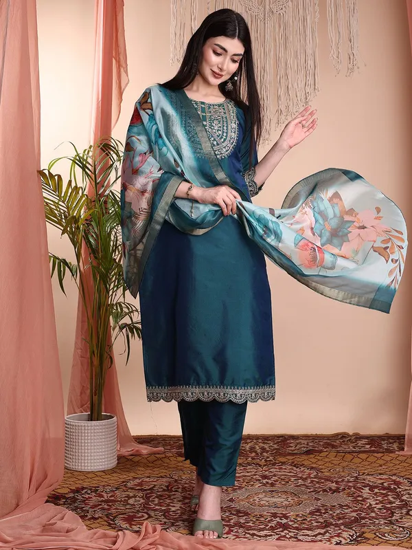 Blue_Art_Silk_Embroidered_Kurti__Pant_Dupatta_Set_For_Women