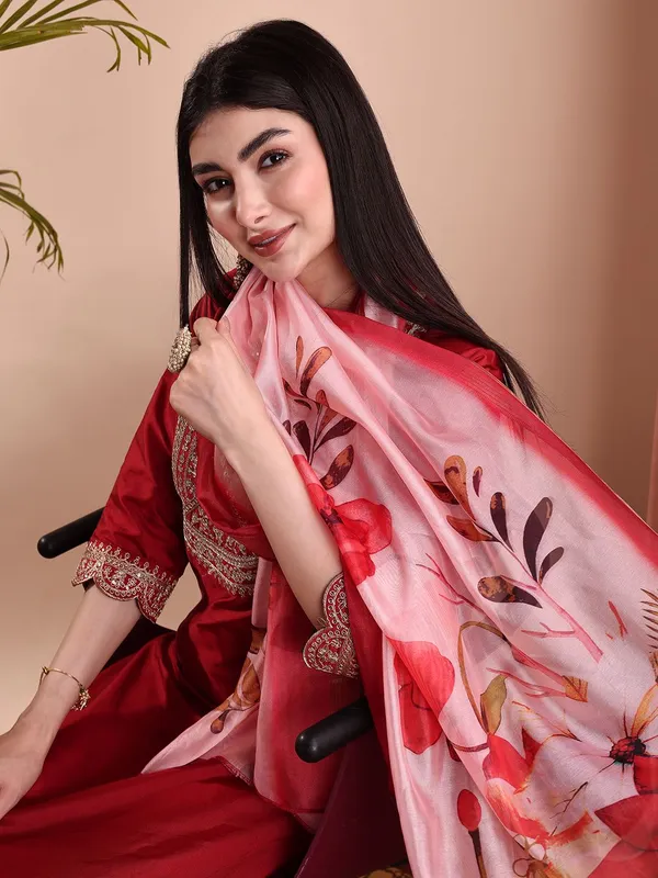 Red_Art_Silk_Embroidered_Kurti_Pant_Dupatta_Set_For_Women