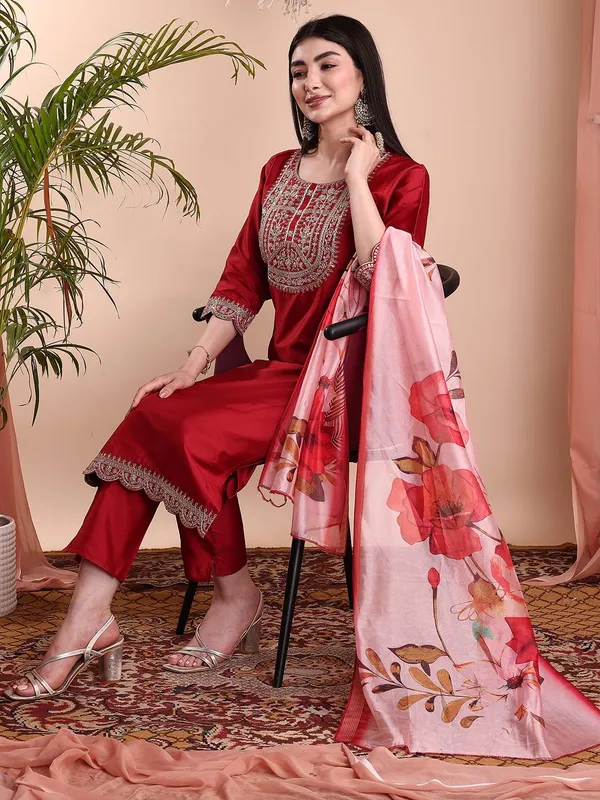 Red_Art_Silk_Embroidered_Kurti_Pant_Dupatta_Set_For_Women