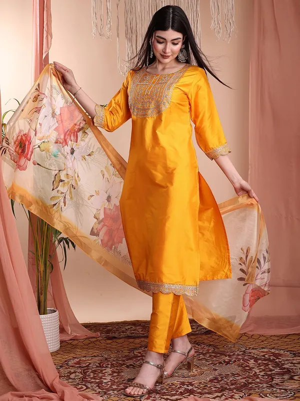 Orange_Art_Silk_Embroidered_Kurti_Pant_Dupatta_Set_For_Women