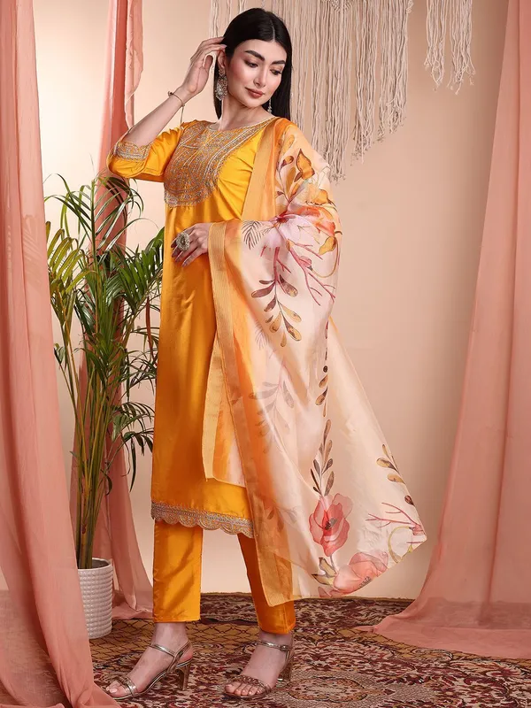 Orange_Art_Silk_Embroidered_Kurti_Pant_Dupatta_Set_For_Women