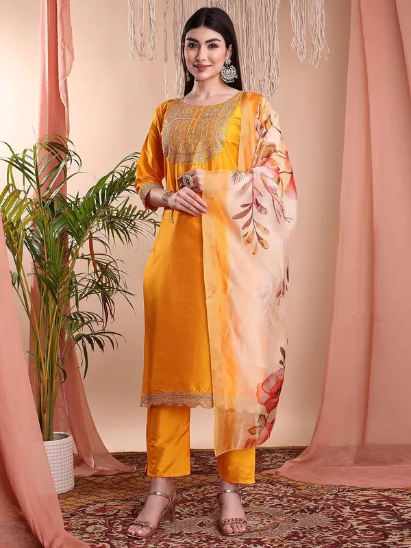 Orange_Art_Silk_Embroidered_Kurti_Pant_Dupatta_Set_For_Women