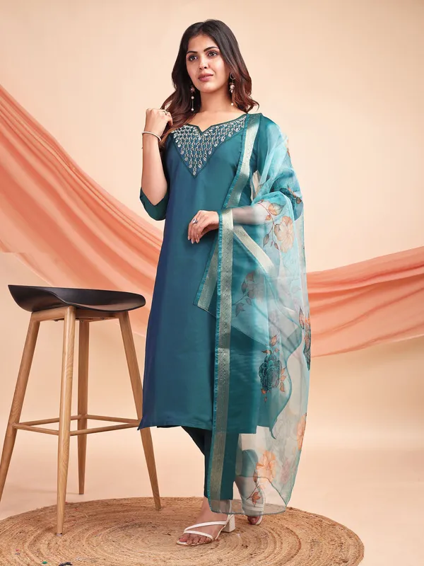 Blue_Art_Silk_Embroidered_Kurti_Pant_Dupatta_Set_For_Women
