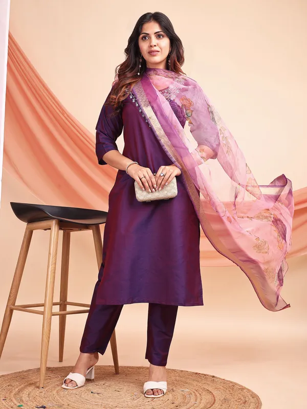 Purple_Art_Silk_Embroidered_Kurti_Pant_Dupatta_Set_For_Women