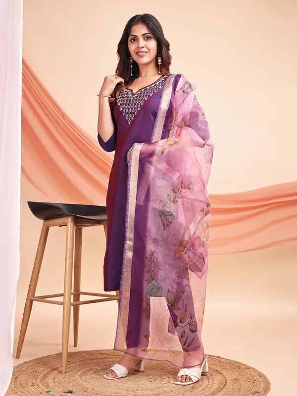 Purple_Art_Silk_Embroidered_Kurti_Pant_Dupatta_Set_For_Women