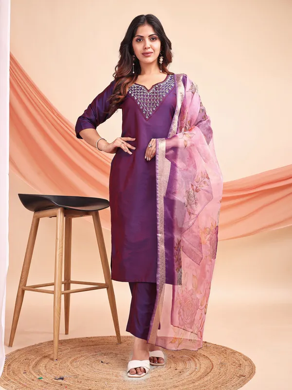 Purple_Art_Silk_Embroidered_Kurti_Pant_Dupatta_Set_For_Women
