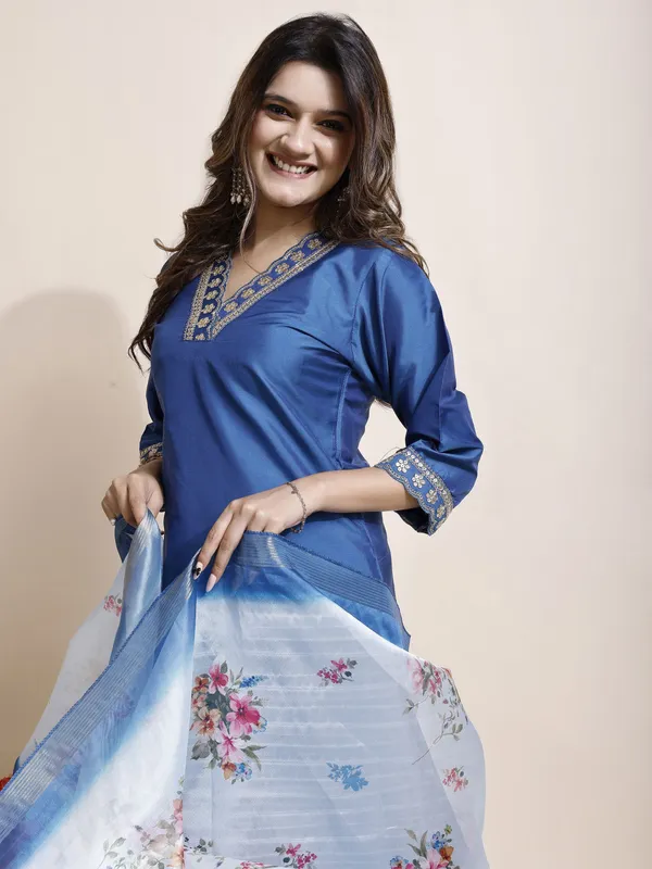 Blue_Art_Silk_Floral_Print_Kurti__Pant_Dupatta_Set_For_Women