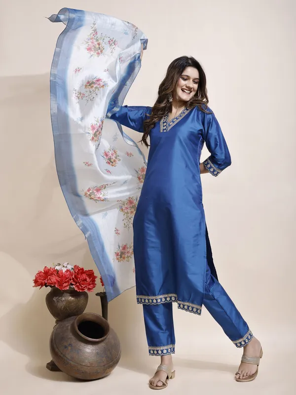 Blue_Art_Silk_Floral_Print_Kurti__Pant_Dupatta_Set_For_Women