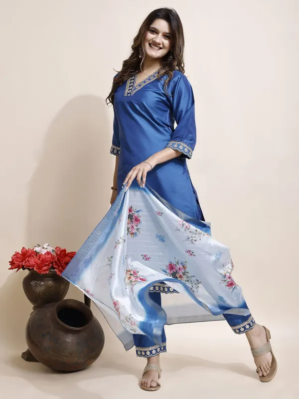 Blue_Art_Silk_Floral_Print_Kurti__Pant_Dupatta_Set_For_Women
