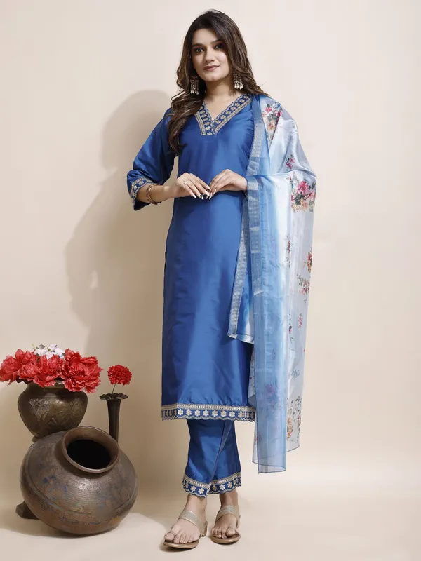 Blue_Art_Silk_Floral_Print_Kurti__Pant_Dupatta_Set_For_Women