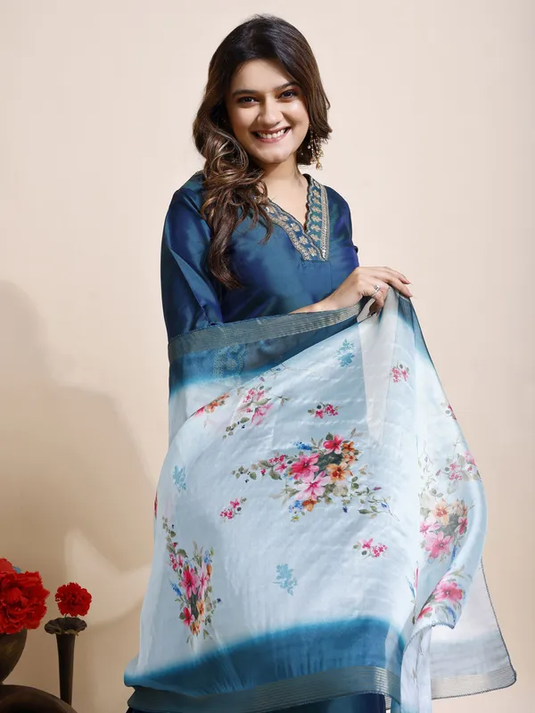 Blue_Art_Silk_Floral_Print_Kurti__Pant_Dupatta_Set_For_Women