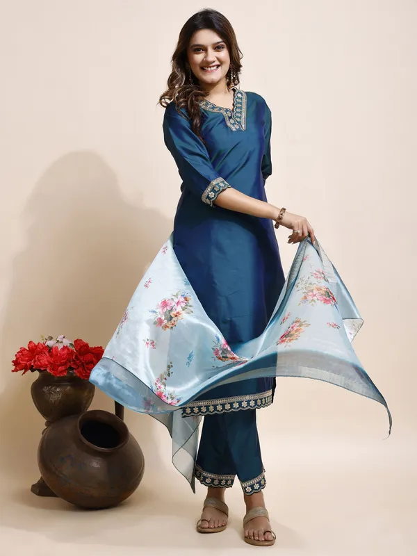 Blue_Art_Silk_Floral_Print_Kurti__Pant_Dupatta_Set_For_Women