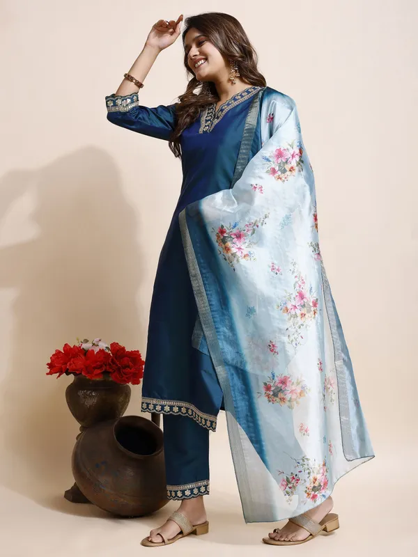 Blue_Art_Silk_Floral_Print_Kurti__Pant_Dupatta_Set_For_Women