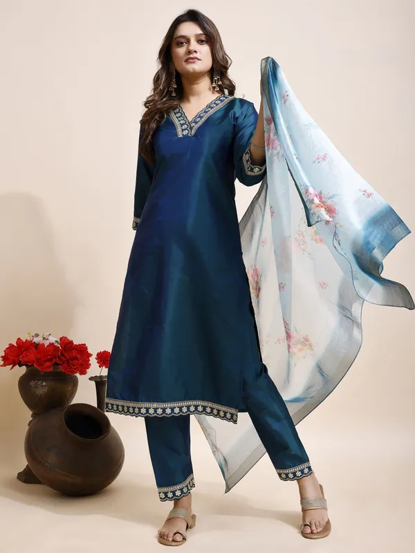 Blue_Art_Silk_Floral_Print_Kurti__Pant_Dupatta_Set_For_Women