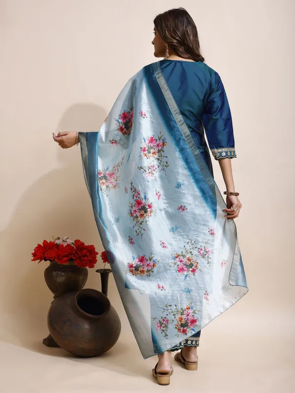 Blue_Art_Silk_Floral_Print_Kurti__Pant_Dupatta_Set_For_Women