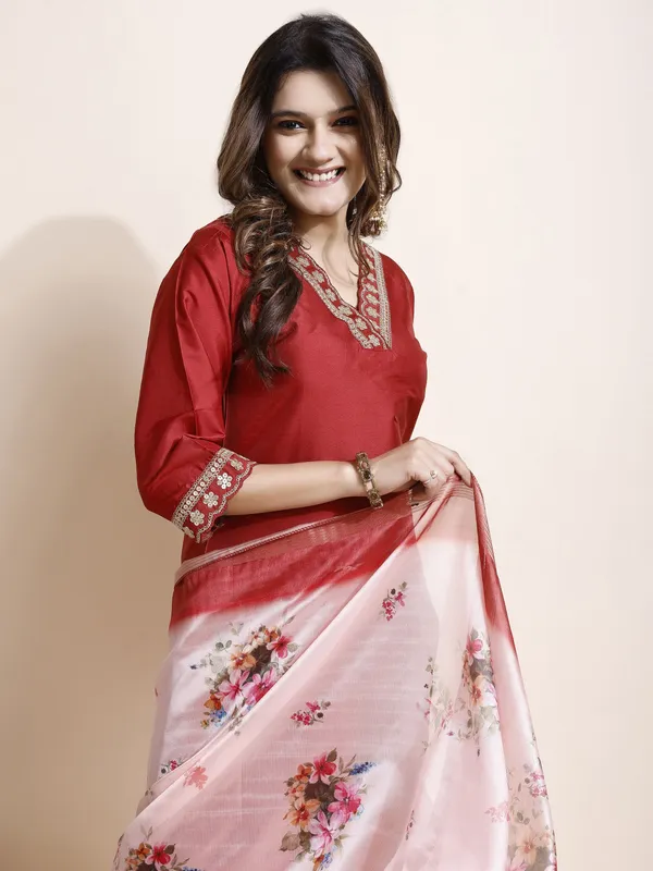 Red_Art_Silk_Floral_Print_Kurti__Pant_Dupatta_Set_For_Women