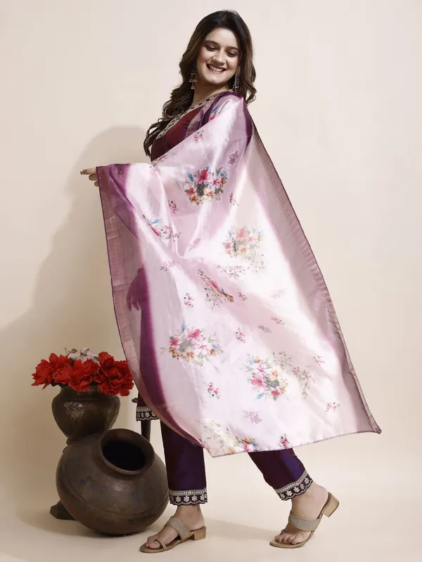 Purple_Art_Silk_Floral_Print_Kurti__Pant_Dupatta_Set_For_Women