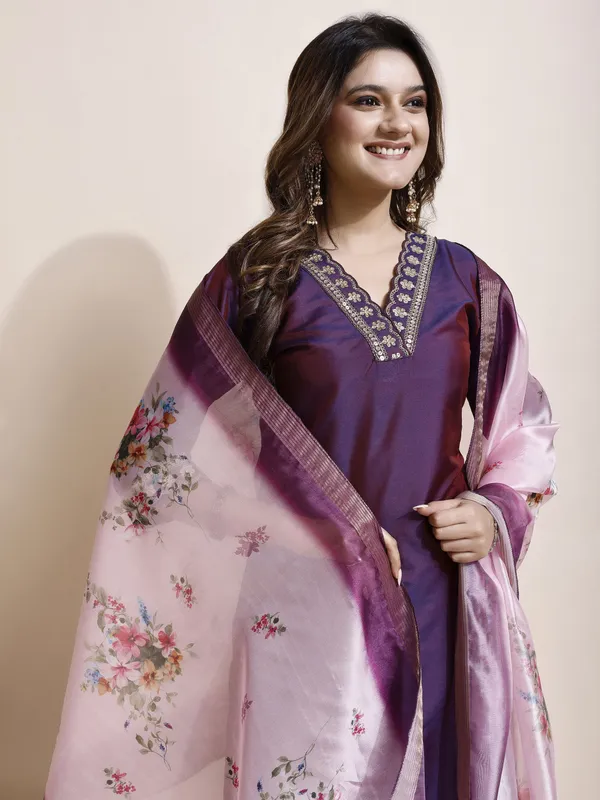 Purple_Art_Silk_Floral_Print_Kurti__Pant_Dupatta_Set_For_Women