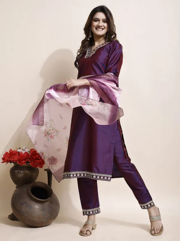 Purple_Art_Silk_Floral_Print_Kurti__Pant_Dupatta_Set_For_Women