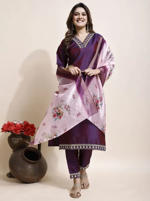 Purple_Art_Silk_Floral_Print_Kurti__Pant_Dupatta_Set_For_Women
