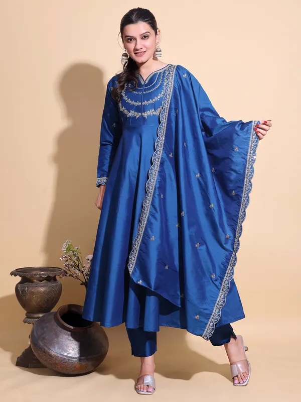 BLUE_Art_Silk_Embroidered_Anarkali_Pant_Dupatta_Set_For_Women