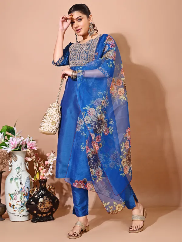 BLUE_Art_Silk_Embroidered_Kurti_Pant_Dupatta_Set_For_Women