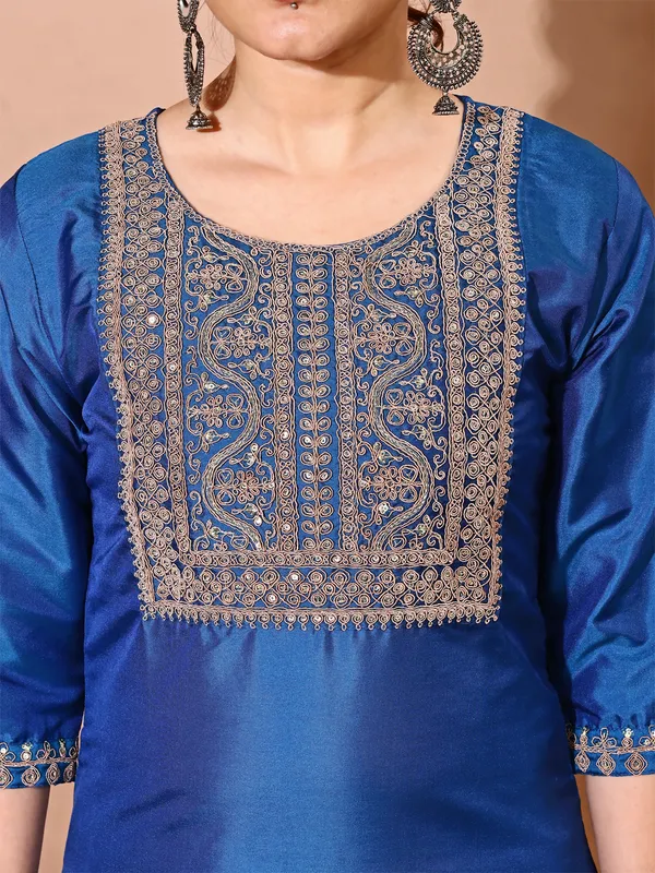 BLUE_Art_Silk_Embroidered_Kurti_Pant_Dupatta_Set_For_Women