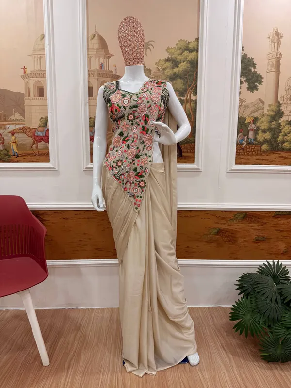 CHIKU_TRENDING_READY_TO_WEAR_SAREE_WITH_EMBROIDERED_STYLIST_BLOUSE
