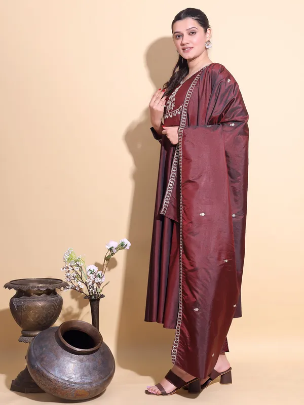 COPPER_Art_Silk_Embroidered_Anarkali_Pant_Dupatta_Set_For_Women