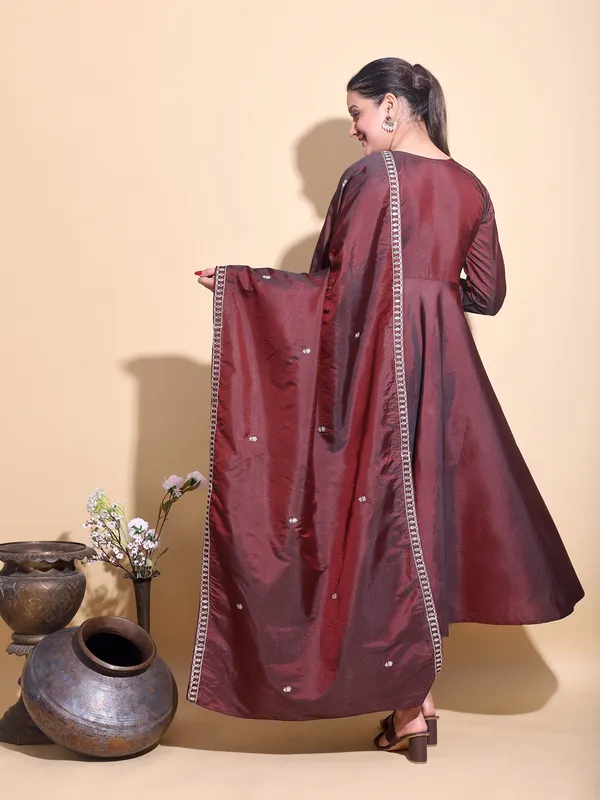 COPPER_Art_Silk_Embroidered_Anarkali_Pant_Dupatta_Set_For_Women