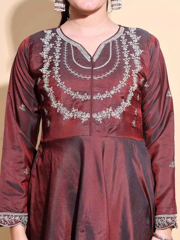 COPPER_Art_Silk_Embroidered_Anarkali_Pant_Dupatta_Set_For_Women