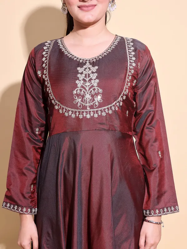 COPPER_Art_Silk_Embroidered_Anarkali_Pant_Dupatta_Set_For_Women