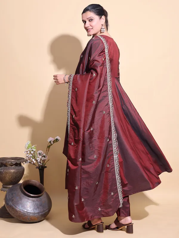 COPPER_Art_Silk_Embroidered_Anarkali_Pant_Dupatta_Set_For_Women