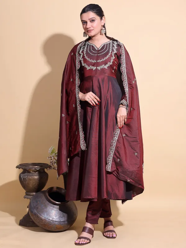COPPER_Art_Silk_Embroidered_Anarkali_Pant_Dupatta_Set_For_Women