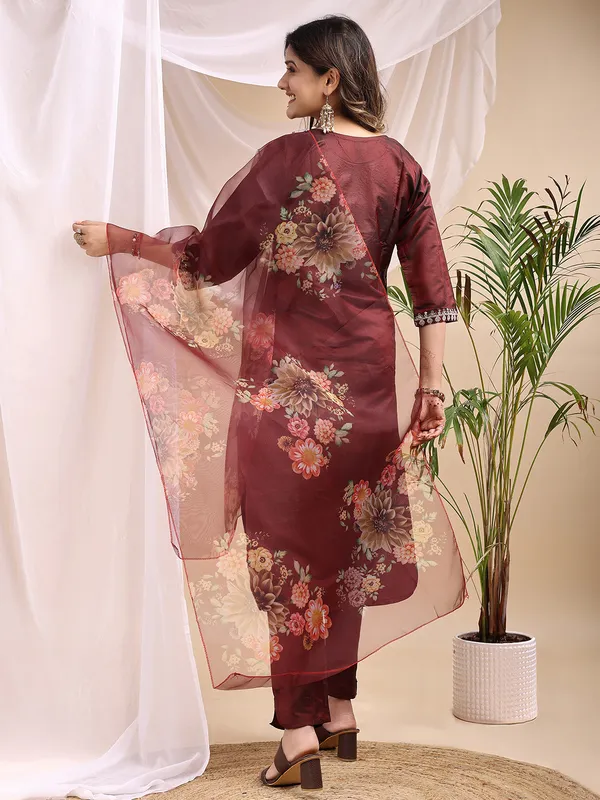 Copper_Art_Silk_Embroidered_Kurti_Pant_Dupatta_Set_For_Women