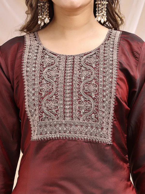 Copper_Art_Silk_Embroidered_Kurti_Pant_Dupatta_Set_For_Women