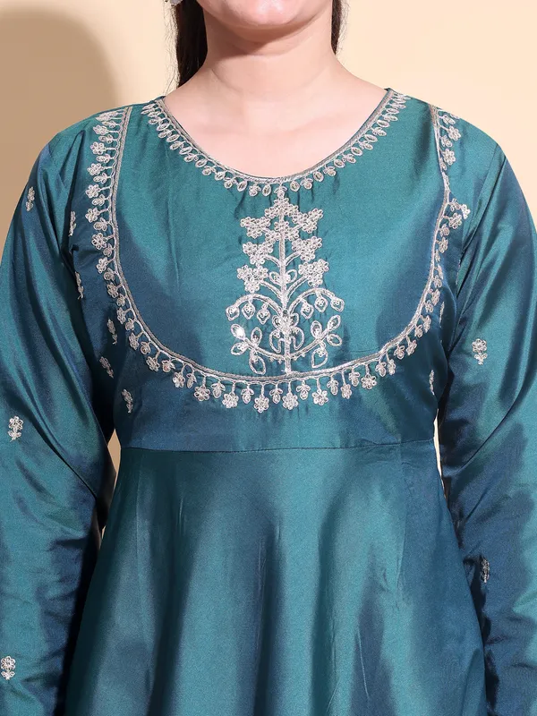 GREEN_Art_Silk_Embroidered_Anarkali_Pant_Dupatta_Set_For_Women